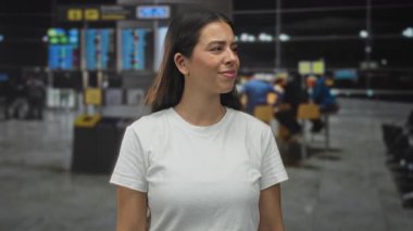 Kadın havaalanı terminalinde el hareketini durdurmak için bastırıyor, beyaz t-shirt görünür; kişisel alanın kaldırılması.