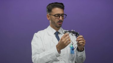 Beyaz önlüklü adam mor stüdyoda odaklanmış bakışlarla siyah deneme çerçeve gözlük aletini tutar ve ayarlar..