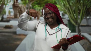 Yeşil bir parkta steteskop takmış elinde pano tutarken kırmızı örgülü, gülümseyen ve işaret eden Afro-Amerikan kadın doktor..