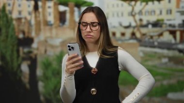 Roma harabelerinde akıllı telefon kullanan gözlüklü kadın Roma 'da açık havada, şaşkın bir ifade sergiliyor, antik ve modern teknolojinin bir karışımını sergiliyor..