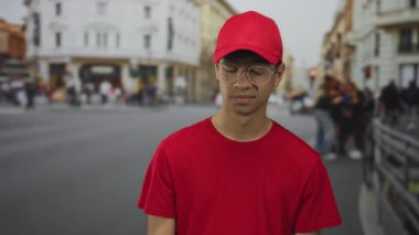 Kırmızı şapkalı ve gözlüklü bir adam caddede dikiliyor arkasında bulanık şehir binaları görülebiliyor; sessiz tefekkür.