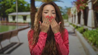 Elleri açık bir şekilde öpüşen ve avuçları açık kırmızı kadife bir bluzla yeşil bir parkın içinden geçen bir kadın..