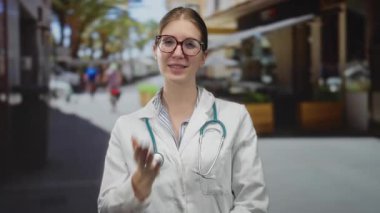 Steteskop takan kadın doktor, güneşli şehir caddesinde öpücük savuruyor, yoldan geçenlere sıcaklık sunuyor; şefkat ve şefkat..