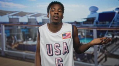 Parlak gökyüzü altında yürüyüş yolu inşa ederek gemi güvertesinde el ve omuz silkme hareketi yapan Afro-Amerikan genç adam; belirsizlik.