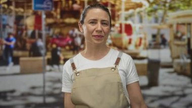 Önlük giymiş bir kadın marketin önünde dikiliyor.