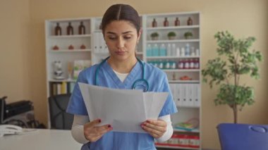 Önlüklü genç bir kadın hastane odasında modern bir klinik ortamında bir tıp uzmanı olarak oynadığı rolü gösteren belgeler okuyor..