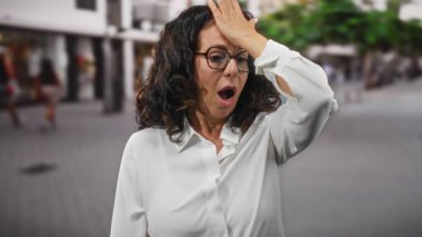 Beyaz tişörtlü, kıvırcık saçlı İspanyol kadın bir şehir caddesinde, açık hava ortamında anlamlı bir anı yakaladığında şaşırır..