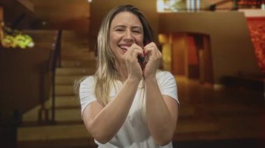 Gülümseyen ve kalp şeklinde hareket eden bir kadın.