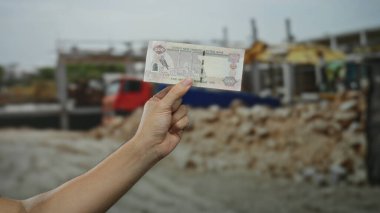 İnşaat alanında el ele tutuşan Birleşik Arap Emirlikleri 'nden Dirham. Açık havada para gösteren bir adam var..