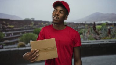 Genç Afro-Amerikan bir adam sokakta karton kutu tutuyor. Kırmızı şapkalı ve gömlekli, arkasında taş bina var..