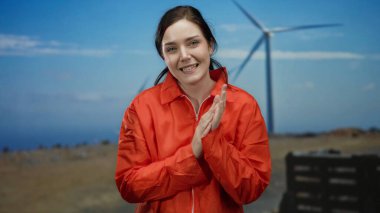 Turuncu hapishane tulumlu kadın açık alanda rüzgar türbininin önünde gülümsüyor, kumral saçlar mavi gökyüzüne karşı, beklenmedik bir özgürlük hissi yakalıyor..
