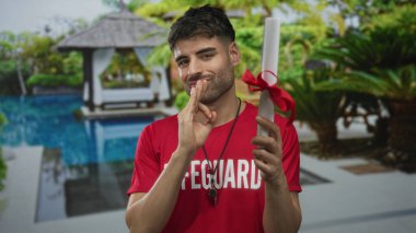 İspanyol asıllı genç bir adam tek eliyle diplomasını sardı ve diğer eliyle otel binasının yakınına imza attı..