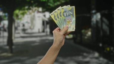 Bir şehir caddesinde elinde Romen leu banknotları tutan bir erkek, bulanık bir şehir geçmişine karşı para gösteriyor..
