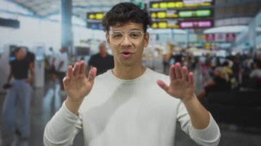 Gözlüklü genç İspanyol, avuç içini tutarak havaalanı terminalinde sakin bir jest yapıyor..