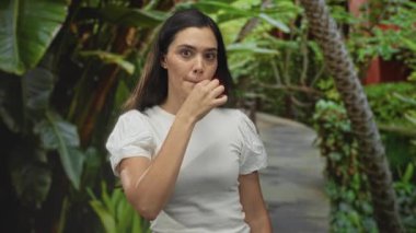 Yeşil bir parkta, orman yolunda kürdan tutan bir kadın, günlük beyaz gömlek ve kaldırılmış el hareketi; sakin yansıma.