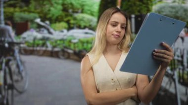 Bisikletle kaplı caddede kolları çaprazlanmış, pano okuyan genç sarışın kadın, düşünceli bir yansıma..