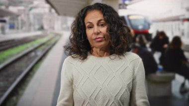 Trenler ve yolcularla dolu, hareketli bir tren istasyonunda kıvırcık saçlarını ve açık şehir ortamında olgun güzelliğini gösteren bir kadın..