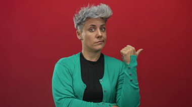 Kırmızı duvarla aydınlatılan stüdyoda gümüş rengi saç kesimi, yeşil hırka ve siyah üst başlık giyen bir kadın..