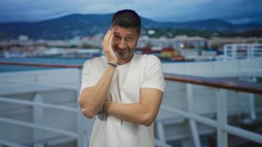 Gemi güvertesinde yüzü kapalı bir adam, beyaz t-shirt ile tırabzan yakın durmak; utanç şüphe yansıması.