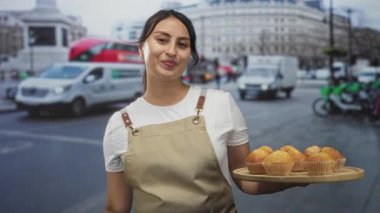 Önlüklü kadın, kalabalık bir caddede parmak uçlarına kadar kek dolu bir tepsiyi işaret ediyor..