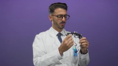 Beyaz önlüklü adam mor stüdyoda odaklanmış bakışlarla siyah deneme çerçeve gözlük aletini tutar ve ayarlar..