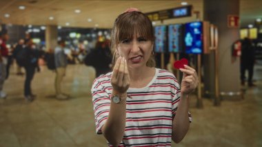 Çizgili gömlekli ve kol saati olan kadın, yoğun havaalanında küçük kırmızı kalbi tutarken çimdiklenmiş parmaklarını hareket ettiriyor; reddedilme aşkı hüsranı.