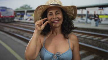 İspanyol kadın bikinili, geniş kenarlı bir şapka altında hareketli bir tren istasyonunda güven içinde poz veriyor, yaz yolculuğu macerasının özünü yakalıyor..