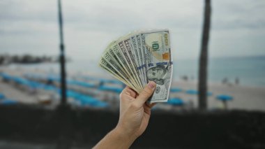 Amerika Birleşik Devletleri 'nin dolarlarını sahil sahillerinde tutan adam, palmiye ağaçları ve mavi şemsiye zeminine karşı zenginlik, finans ve özgürlük kavramını yakalıyor..