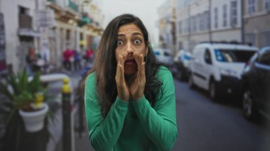 Şehir caddesinde, park halindeki arabaları ve saksılarıyla el ele tutuşan bir kadın, acil savunma..