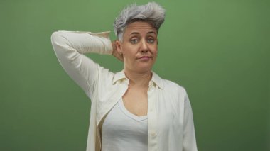 Kısa gri saçlı, beyaz tişörtlü bir kadın tek eliyle boynuna dokunuyor ve stüdyoda kaşlarını çatıyor..