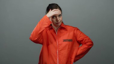 Turuncu hapishane tulumlu, esmer saçlı bir kadın gri bir arka plana karşı duruyor, eli kalçasında ciddi bir ifade sergiliyor, hapsi öneriyor..