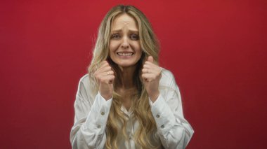 Canlı kırmızı bir duvar önünde duygularını ifade eden bir kadın, elleri cazibe ve şaşkınlıkla bağlanmış genç bir sarışın, izole edilmiş kırmızı arka planda, duygu ve yoğunluğu çağrıştıran bir kadın..