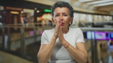 Gri saçlı yaşlı bir kadın alışveriş merkezinde üşüyor, beyaz bir gömlek giyiyor ve kollarını çapraz yapıp, kapalı bir alışveriş merkezinin etrafında dolaşmaktan rahatsız oluyor..