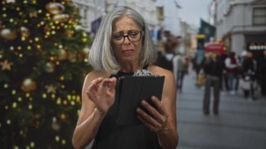 Tablet tutan kadın, şehir caddesinde süslü Noel ağacının yanında şaşı bakan kadın, hayal kırıklığı tatil alışverişi.