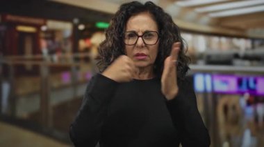 Orta yaşlı İspanyol kadın, kapalı bir alışveriş merkezinde kavgalı bir jestle yumruklarını kaldırıyor; kararlılık, esneklik..