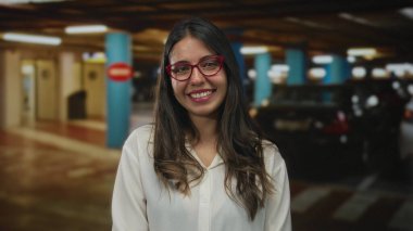 Kapalı bir otoparkta gülümseyen İspanyol kadın gözlükler takıyor ve park halindeki arabanın yanında duran uzun saçlı beyaz bluz neşeli ve rahat bir atmosfer yaratıyor..