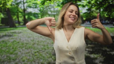 Yeşil ağaçların ve çimenlerin arasında, kolsuz bej yelek giyen ve sırıtan bir kadının parkta baş parmağını göstermesi, kararsızlık tercihi çatışması.