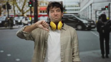 Ekose gömlekli ve kulaklıklı bir adam kalabalık bir caddede dikiliyor. Canlı şehir atmosferinde şehir arabaları ve binaların arasında baş parmağıyla işaret veriyor..