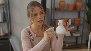 Kil kaplı elleri olan kadın çömlek atölyesindeki seramik vazoyu işaret ediyor; yaratıcılık odaklı zanaatkarlık.