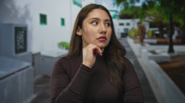 Elleri çenesinde olan ve eski bir şehir meydanında beyaz binalara dalgın dalgın bakan bir kadın; yansıtıcı.