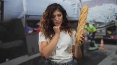 Elleri çenesinde baget tutan, beyaz tişört ve kot pantolon giyen bir kadın, bir kamyonun yanında duran ve caddede trafik konileri; sessiz tefekkür.