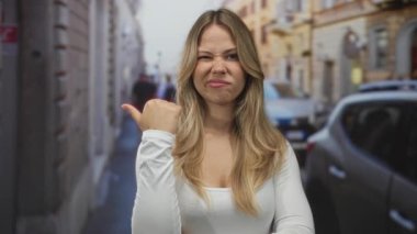 Genç sarışın kadın, etkilenmemiş bakış ve çatık kaşlarla başparmağıyla dar şehir geçidini işaret ediyor; şüphecilik ilgisizliği umursamazlık, umursamazlık, çekingenlik.