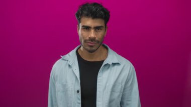 Latin kökenli genç adam, eflatun stüdyo ortamında gözleri kapalı, çıplak göğsüne yumruk atıyor; dayanışma kardeşliği.