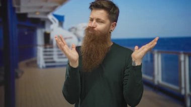 Uzun sakallı ve kapalı gözlü adam iki elini omuz silkme hareketi ile kaldırır güvertede; kayıtsızlık.