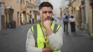 Yansıtıcı yelek giyen genç İspanyol bir adam bir şehir caddesinde düşünceli bir şekilde duruyor, açık hava ortamında gönüllü bir rol oynuyor.