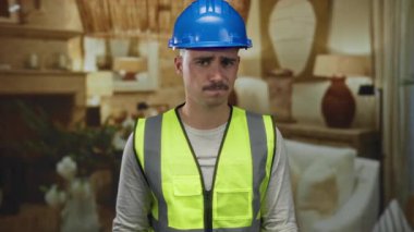 Yansıtıcı yelek giyen İspanyol bir adam, bir otel ortamında, mavi bir kasket takmış, düşünceli bir ifadeyle profesyonel bir inşaat sahnesini sergiliyor..