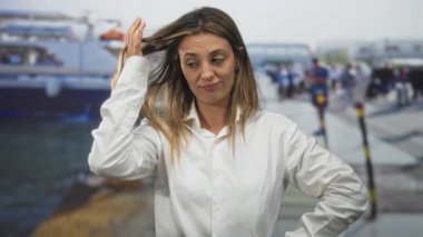 Rıhtımdaki demirli teknelerin yanında eli kalçasına değen beyaz gömlekli ve alaycı bakışlı bir kadın;.