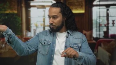 Adam parmağını yukarı kaldırıyor ve restoranda sol elini kaldırıyor, kot ceketi görünür ve sakalı temiz; kararlı..
