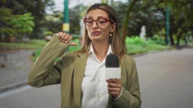 Açık hava röportajı sırasında elinde mikrofon tutan ve kendini işaret eden kadın muhabir..