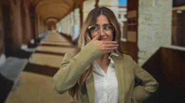 Üniversite kampüsünde beyaz bluz ve haki ceketli bir kadın parmaklarını dudaklarına uzatıyor..